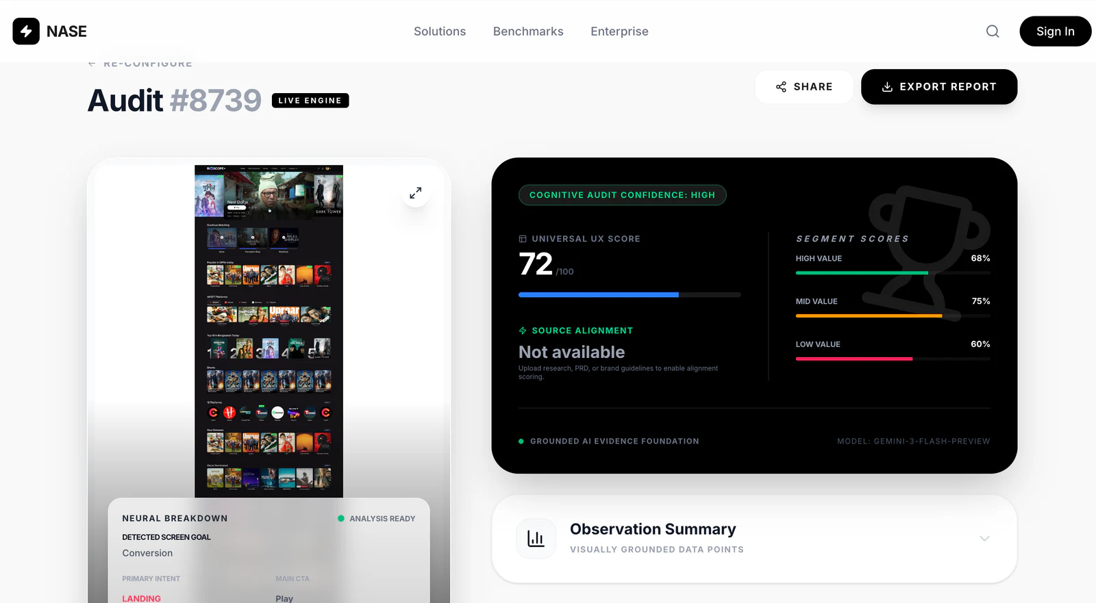NASE audit showing an evaluated interface, universal UX score and segment scores.