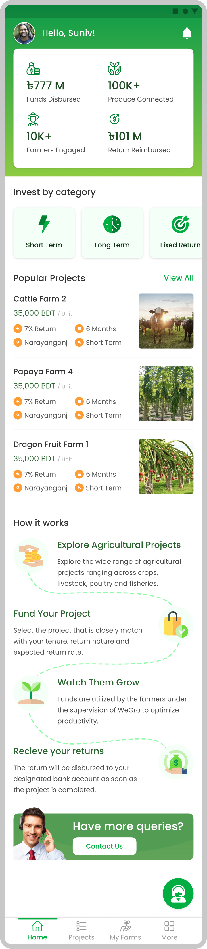 Authentic WeGro Figma Discover screen with portfolio summary, categories, popular projects, how-it-works, contact and bottom navigation