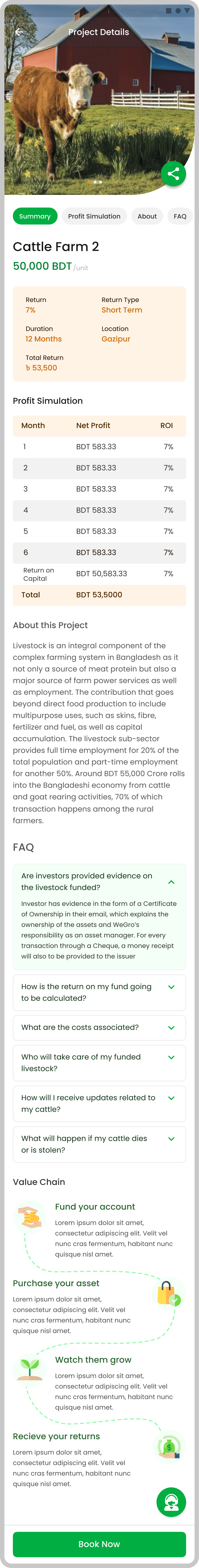 Authentic WeGro Figma Project Details screen with project economics, duration, funding, Profit Simulation, FAQ, value chain and Book Now