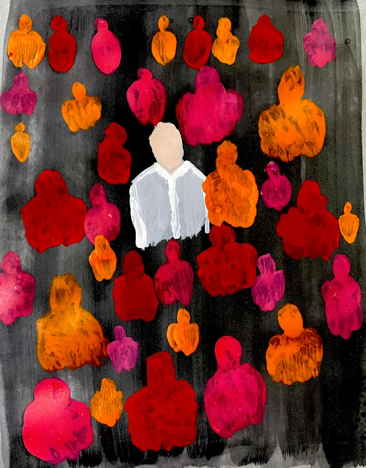 An artwork with a central pale figure among vivid forms.