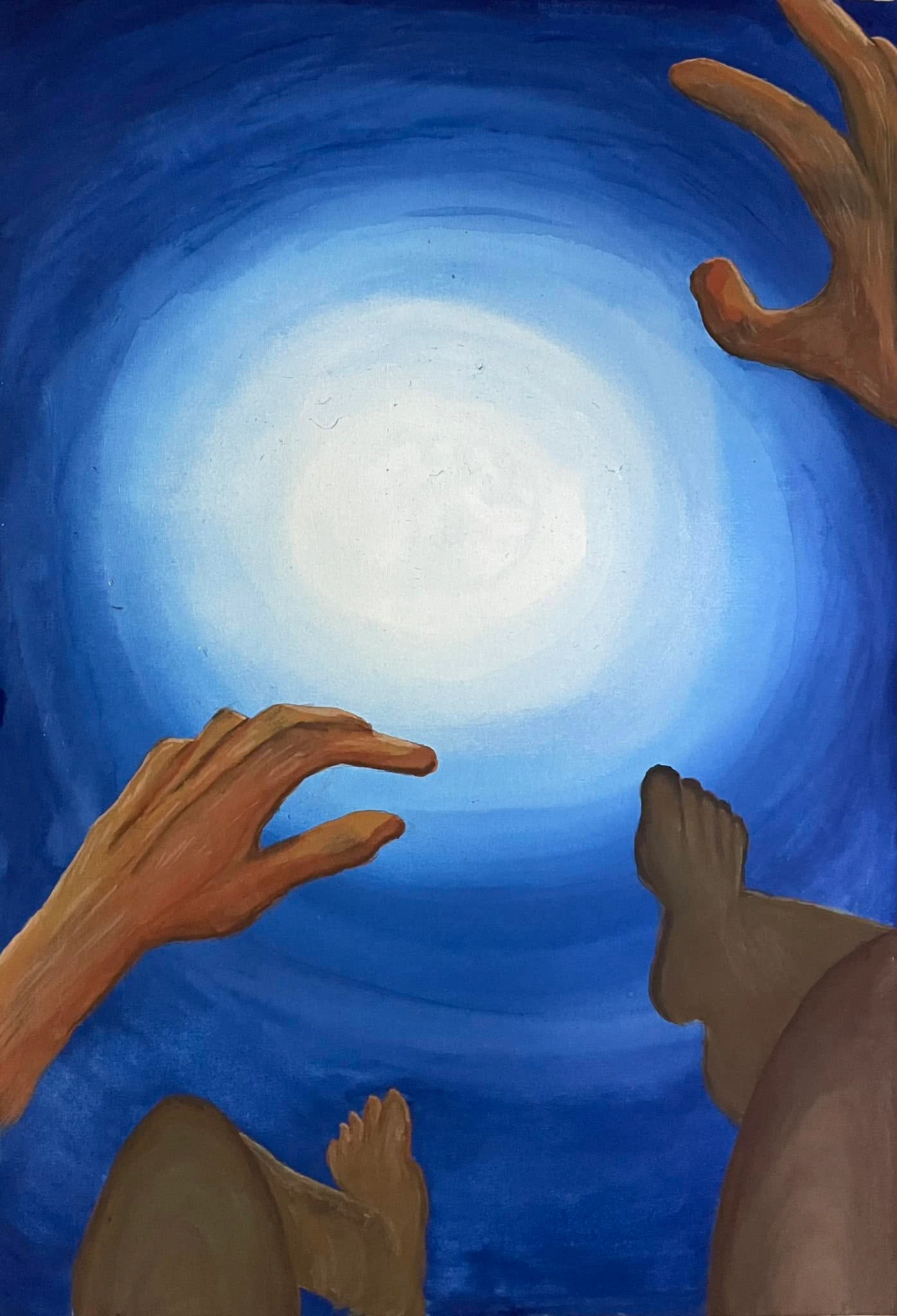 An artwork showing luminous hands in a symbolic scene.