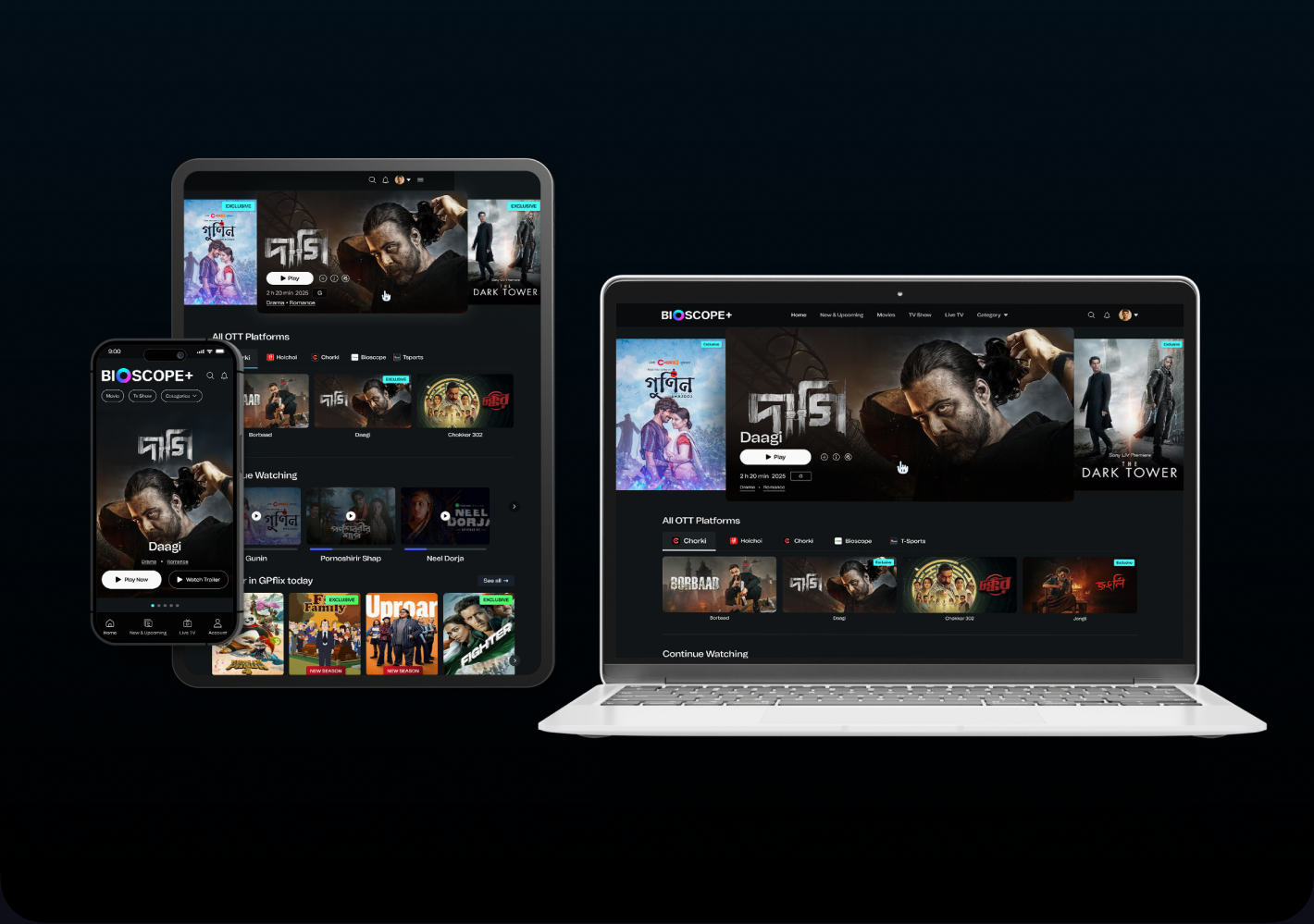 Bioscope+ product composition showing the service across mobile, tablet and laptop interfaces.