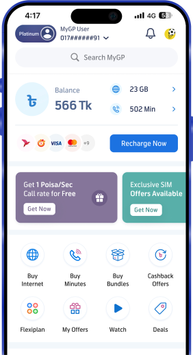 MyGP home dashboard showing account balance, data, talk-time, recharge and service shortcuts.