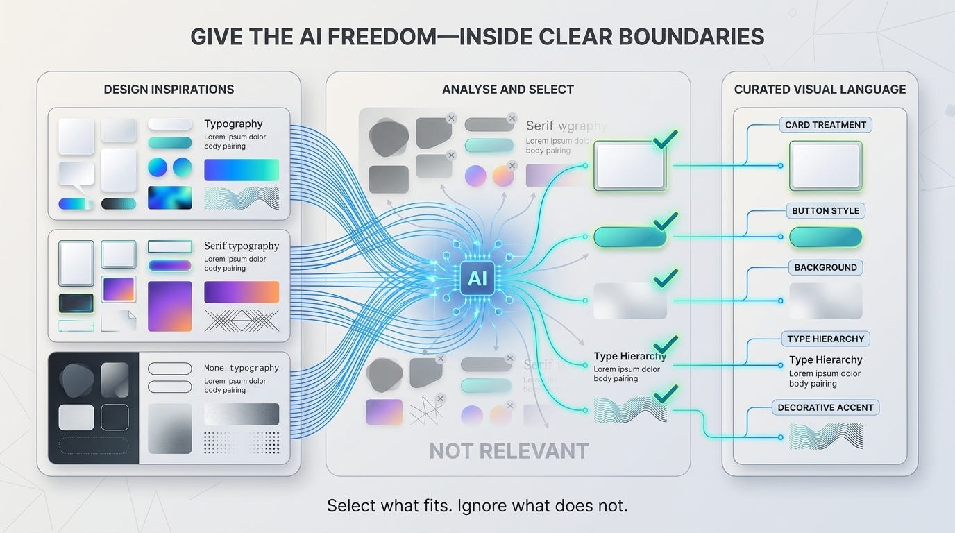 An AI system selecting a restrained set of useful visual patterns from several larger design-inspiration boards.