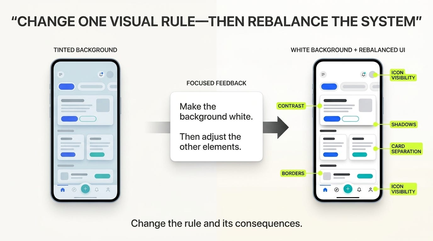 A generic mobile interface changing from a tinted background to white while its shadows, borders and contrast are rebalanced.