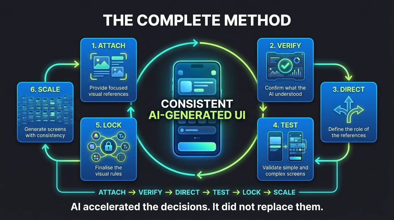 A six-stage circular framework for attaching references, verifying understanding, directing the AI, testing screens, locking the style and scaling production.