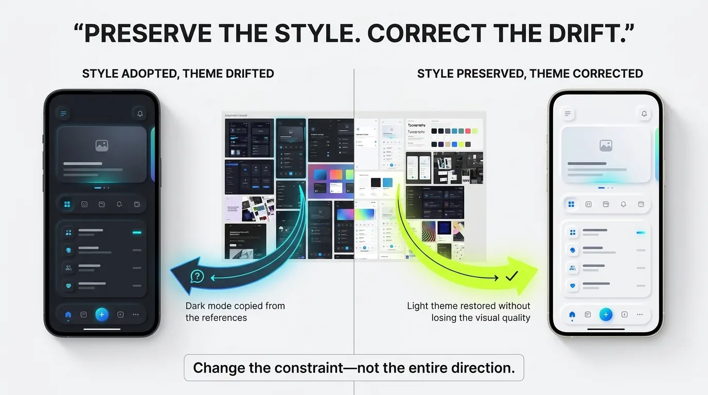 A polished dark interface caused by visual-reference drift beside a corrected light interface that preserves the same visual style.