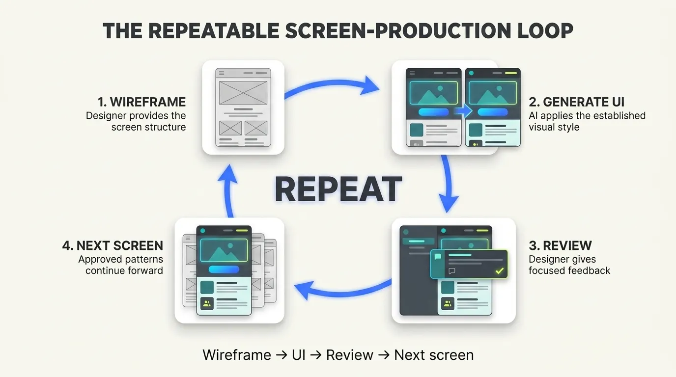 A repeating collaboration loop in which a designer provides a wireframe, an AI generates UI, the designer reviews it and the next screen begins.