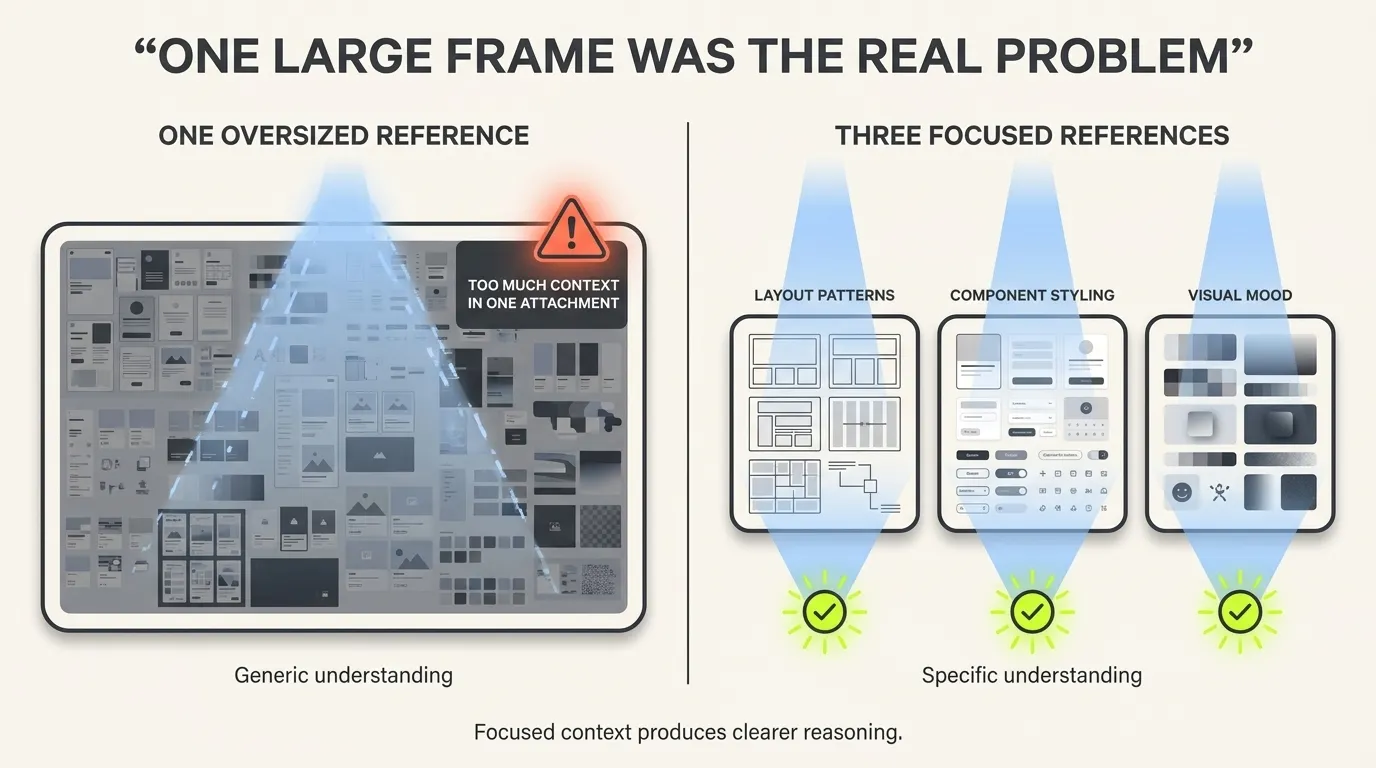 Comparison between one overcrowded inspiration frame and three smaller focused frames that are easier for an AI system to analyse.