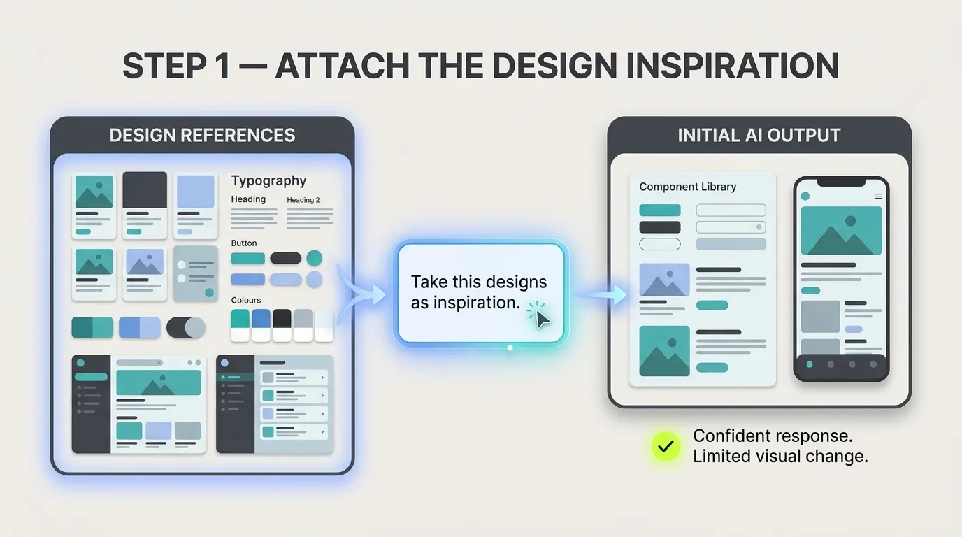 A design inspiration board provided to an AI system that produces only a small visual change in the resulting interface.