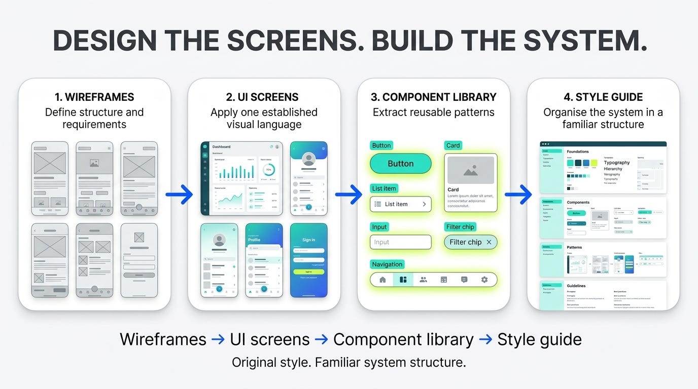 A pipeline showing wireframes becoming consistent UI screens, reusable components and a structured style guide.