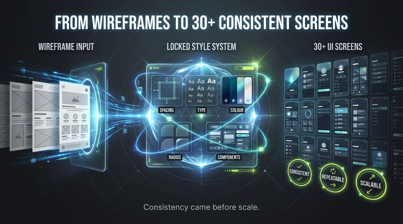 Grayscale wireframes passing through a consistent visual-style system and expanding into a large organised set of abstract mobile UI screens.
