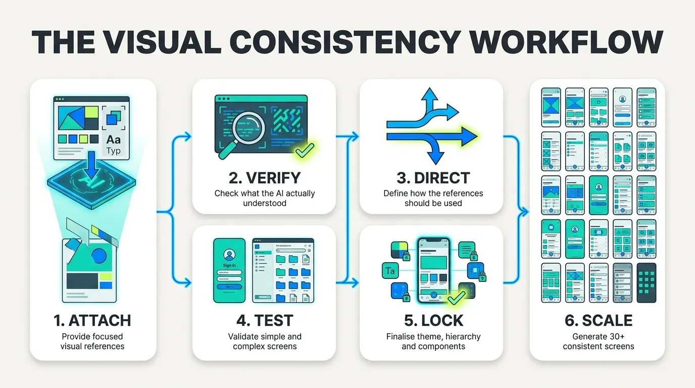 Six-stage workflow moving from attaching design references to scaling a consistent collection of UI screens.